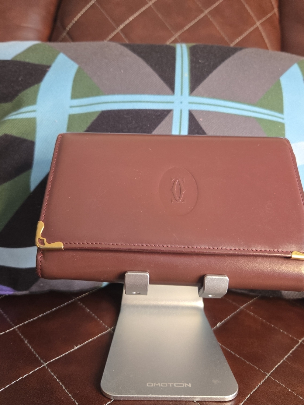 Cartier Women's Brownish Red Leather Wallet Clutch with Gold Corner Accents